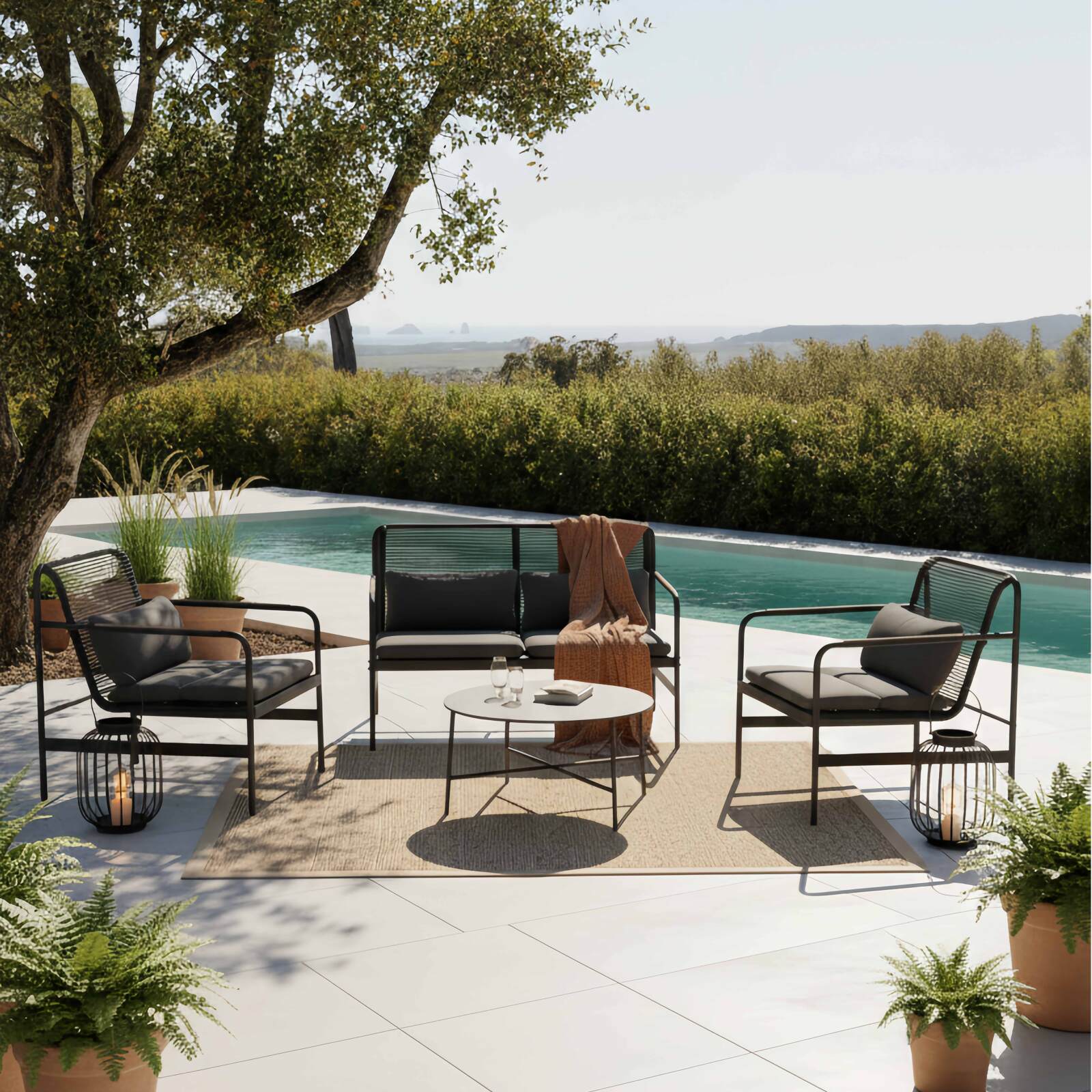 4-Sitzer-Gartenmöbel aus Metall mit 1 Sofa, 2 Sesseln und Couchtisch