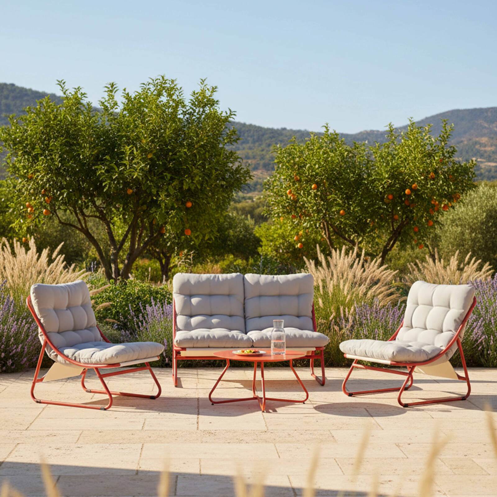 4-Sitzer-Gartenmöbel aus Metall mit 1 Sofa, 2 Sesseln und Couchtisch