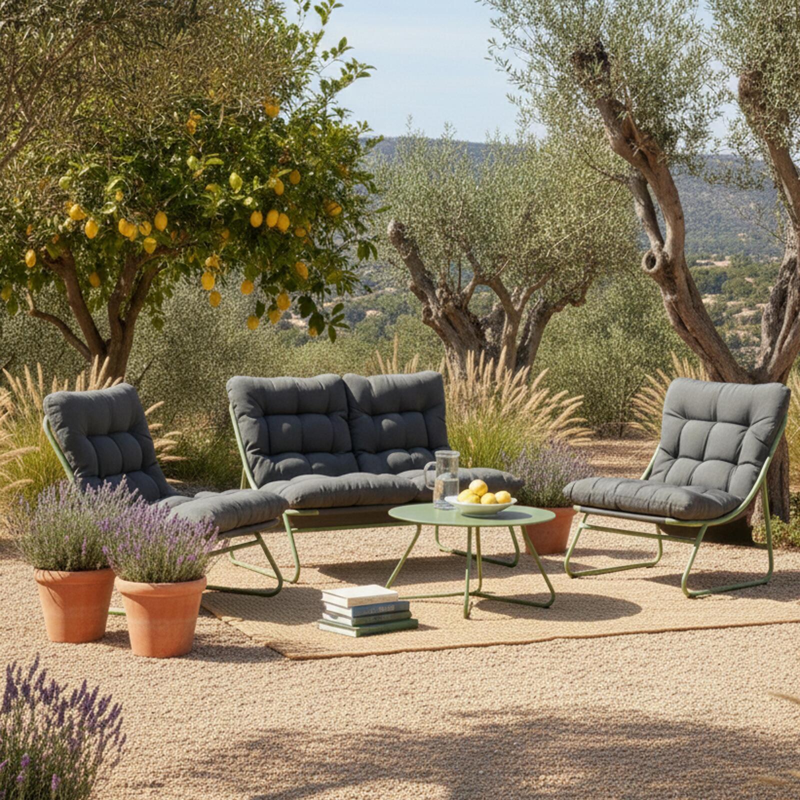 4-Sitzer-Gartenmöbel aus Metall mit 1 Sofa, 2 Sesseln und Couchtisch