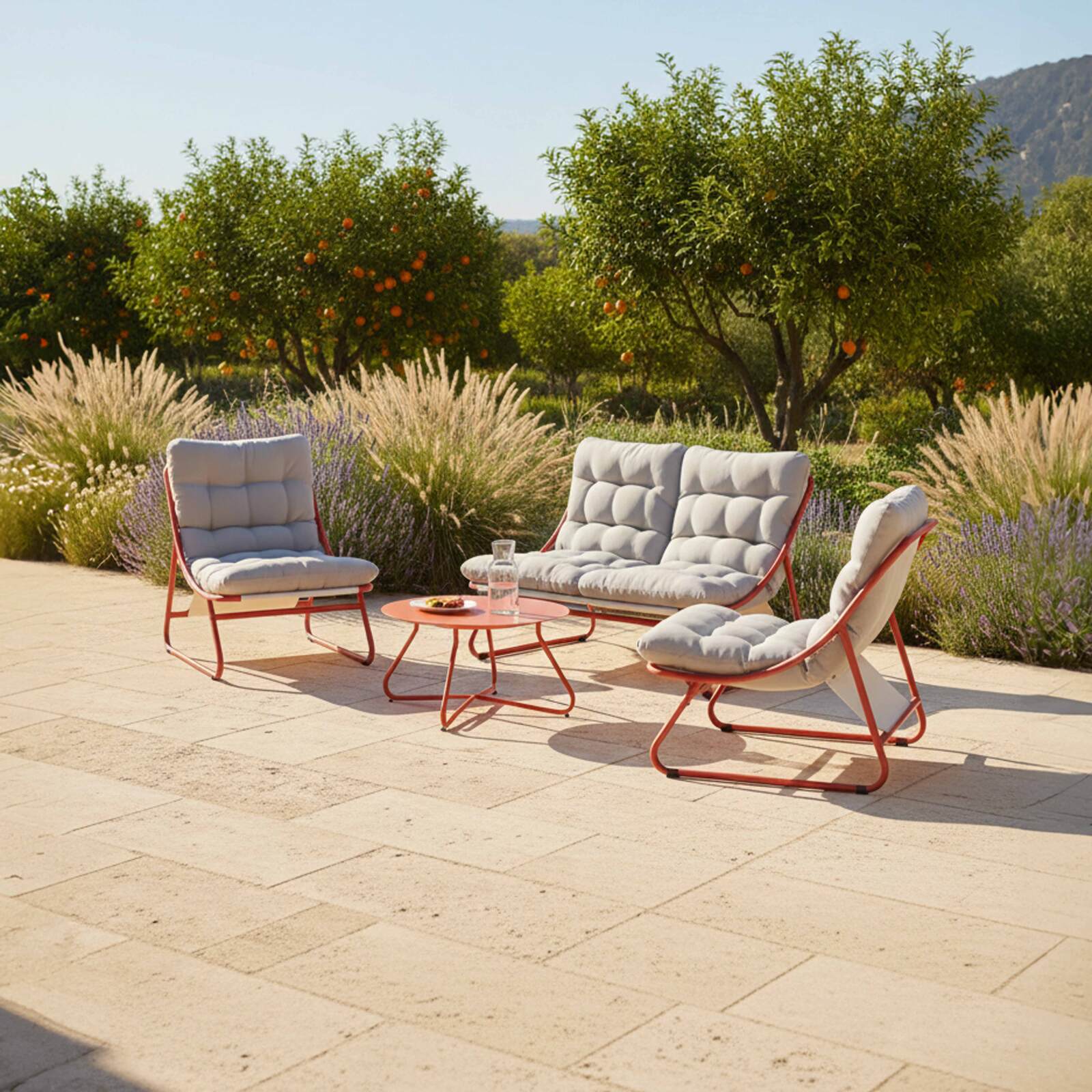 4-Sitzer-Gartenmöbel aus Metall mit 1 Sofa, 2 Sesseln und Couchtisch