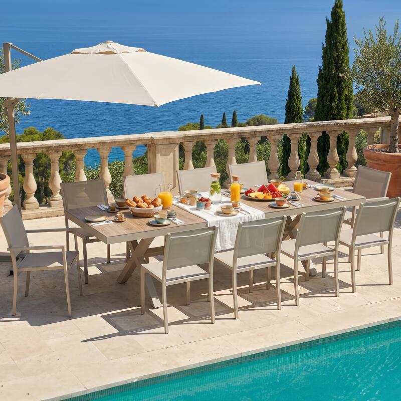 Ausziehbarer Gartentisch aus Aluminium und Keramik in Holzoptik, 200/260x100 cm, und 10 Stühle aus Textilene (7/8)