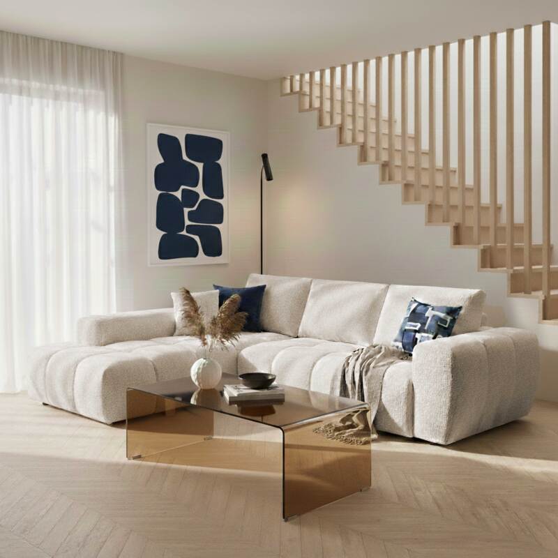 Ecksofa 3-Sitzer aus Stoff mit Chaiselongue links und Kissen (8/9)