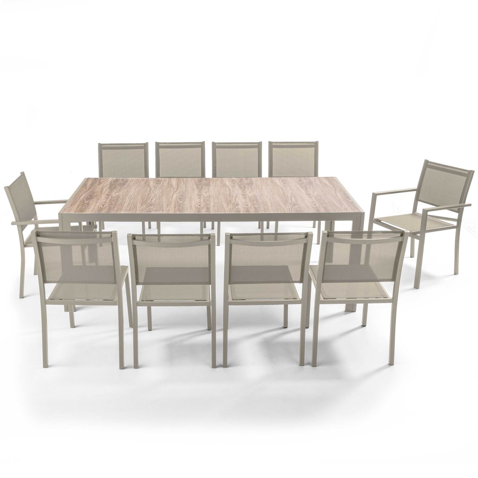 Gartentisch aus Aluminium und Keramik mit Holzoptik, 206x100 cm, und 10 Stühle aus Textilen