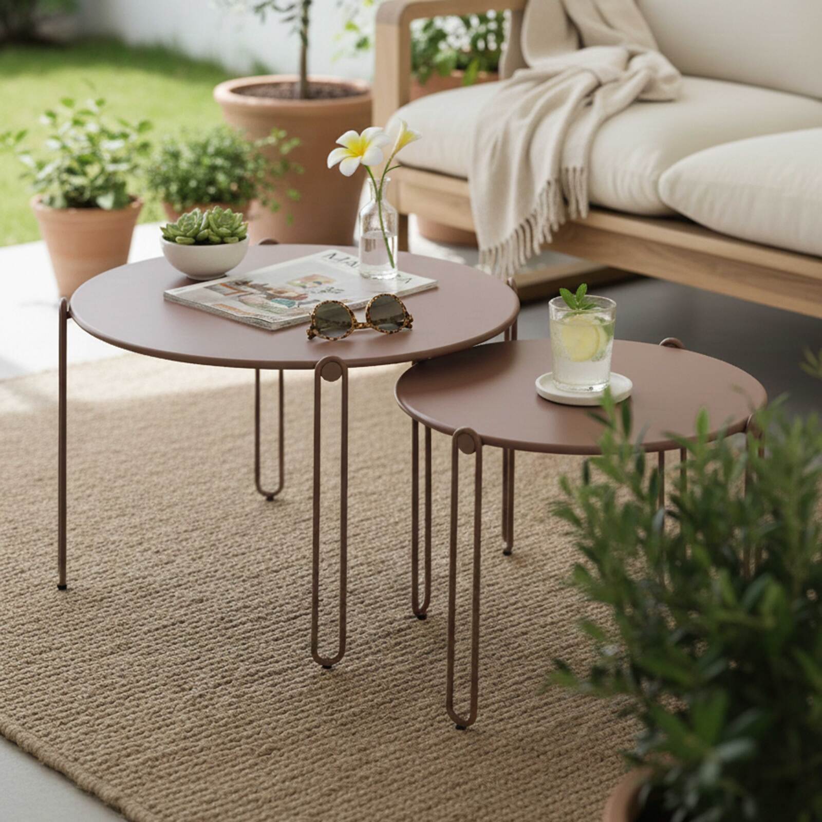 Nestbare Garten Couchtische runden aus Metall  Ø60x40 cm und Ø45x36 cm - Von 2