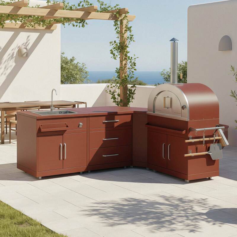 Outdoor-Küche aus Metall in Eckform mit Outdoor-Spüle, Pizzaofen und Stauraum – 4 Module