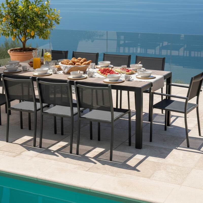 Gartentisch aus Aluminium und Keramik in Holzoptik, 206x100 cm, und 10 Stühle aus Textilene (3/9)