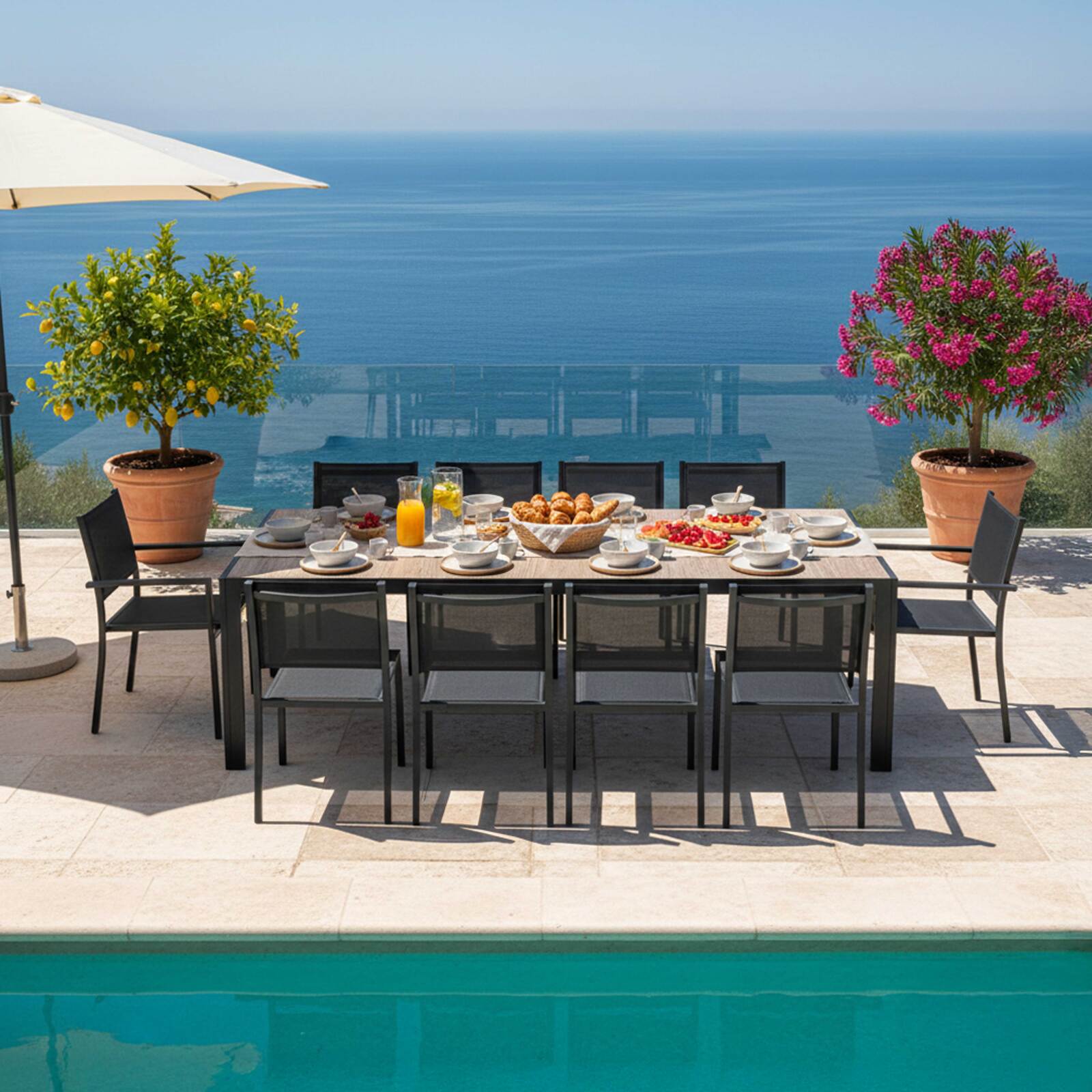 Gartentisch aus Aluminium und Keramik in Holzoptik, 206x100 cm, und 10 Stühle aus Textilene