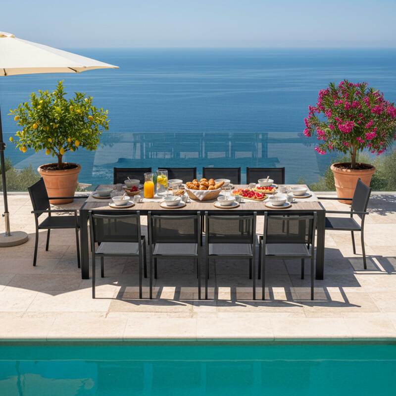 Gartentisch aus Aluminium und Keramik in Holzoptik, 206x100 cm, und 10 Stühle aus Textilene