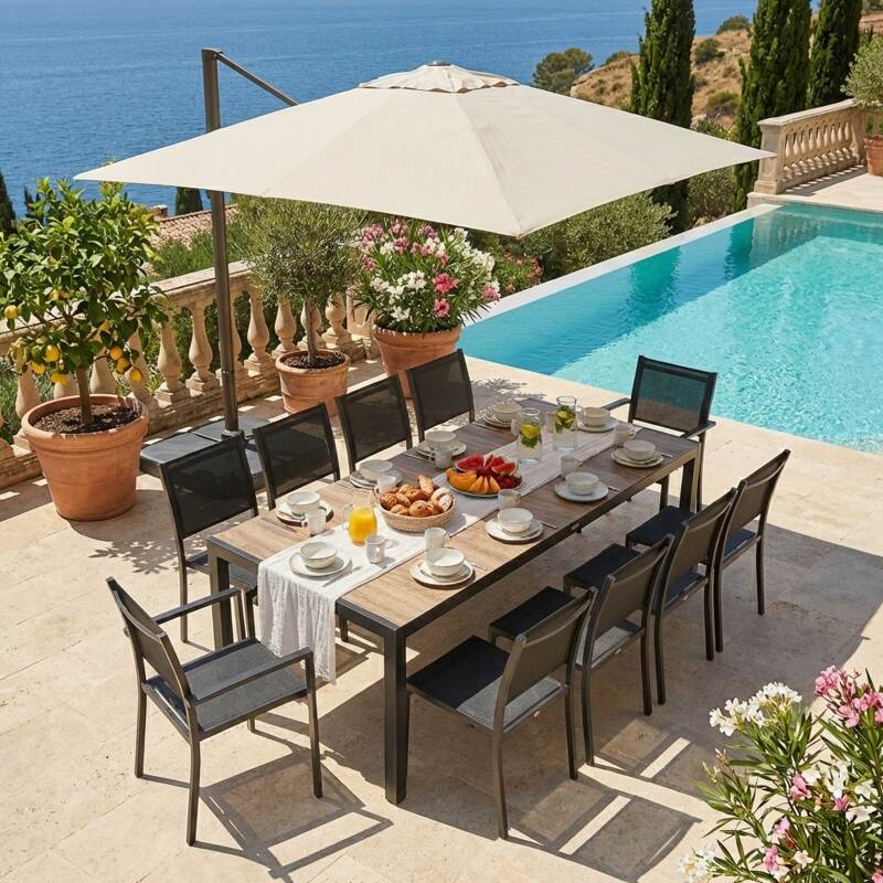 Gartentisch aus Aluminium und Keramik in Holzoptik, 206x100 cm, und 10 Stühle aus Textilene (8/9)