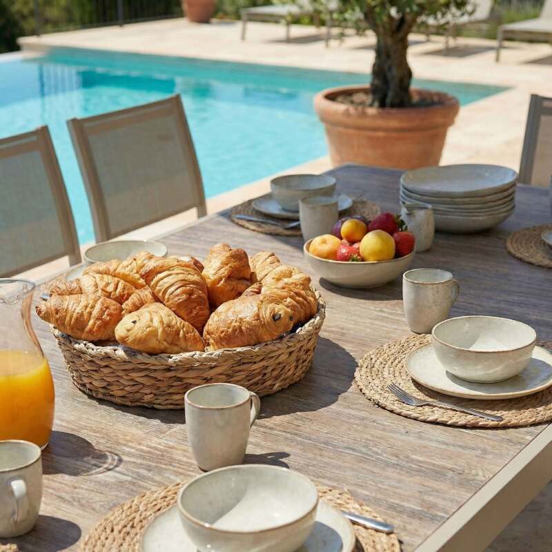 Gartentisch aus Aluminium und Keramik mit Holzoptik, 206x100 cm, und 10 Stühle aus Textilen (4/8)