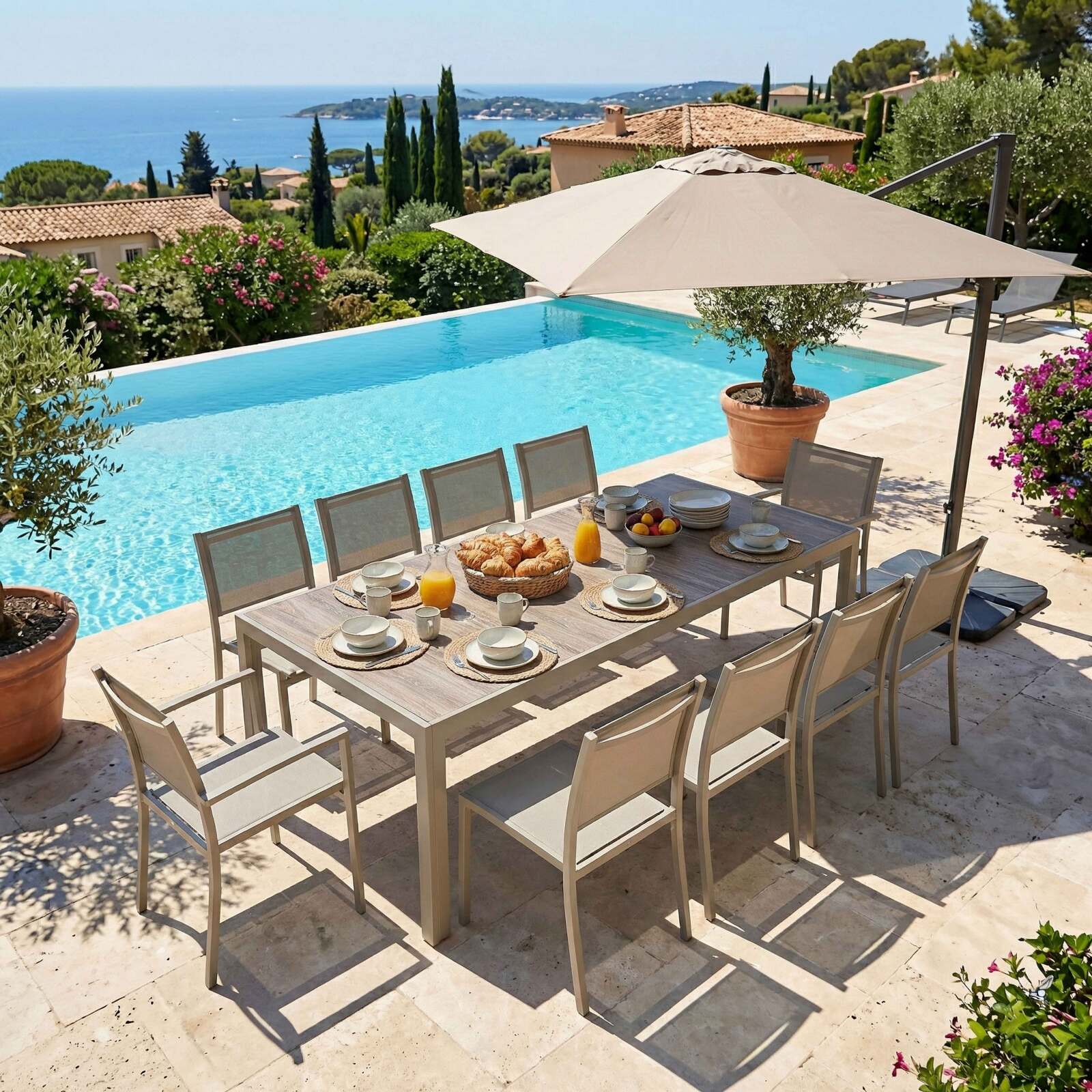 Gartentisch aus Aluminium und Keramik mit Holzoptik, 206x100 cm, und 10 Stühle aus Textilen