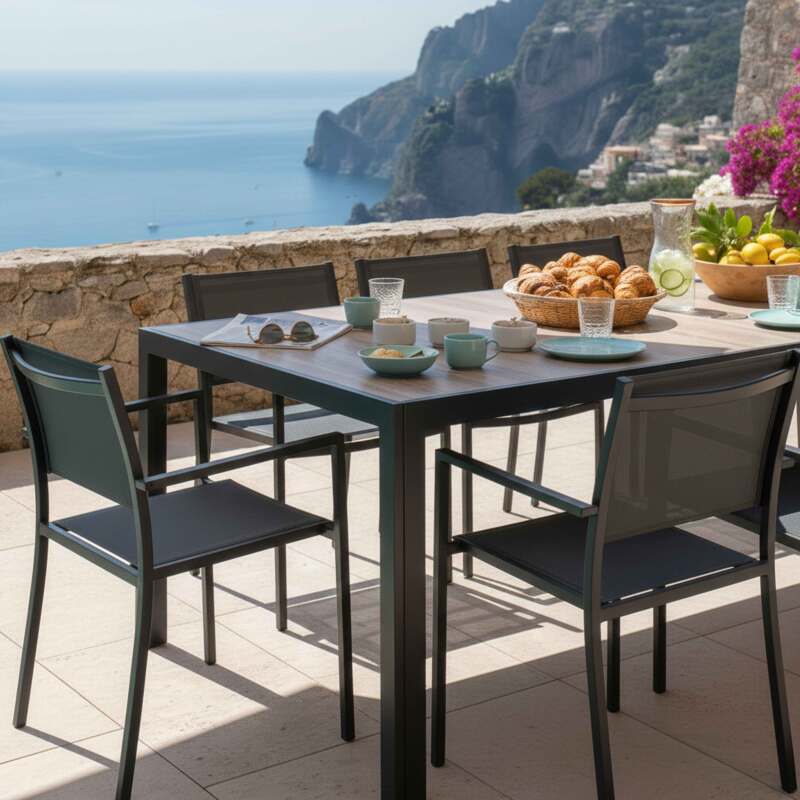 Gartentisch aus Aluminium und Keramik mit Holzoptik, 206x100 cm, und 8 Stühle aus Textilen (2/8)