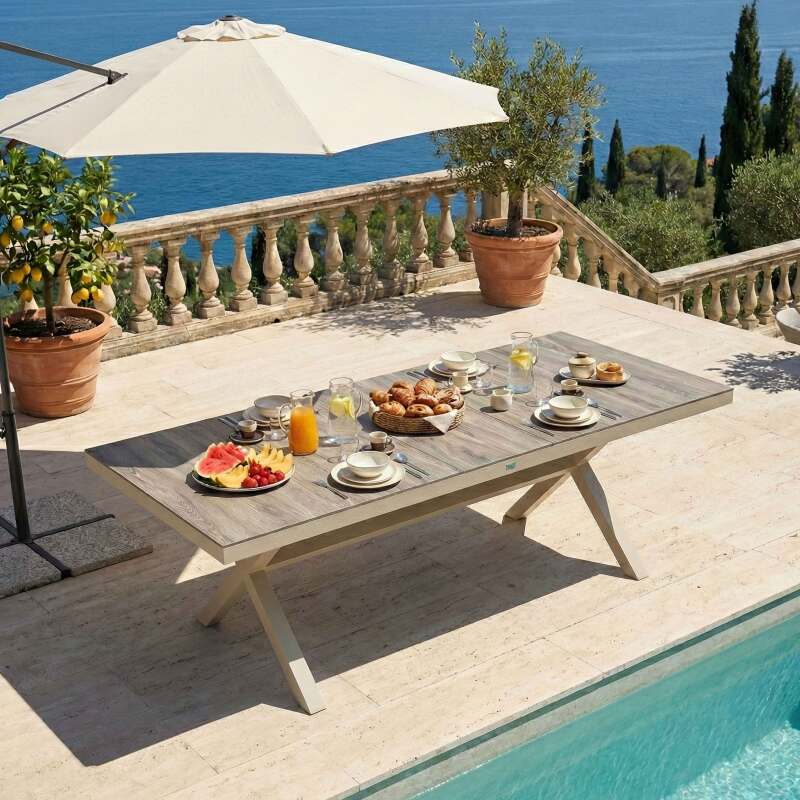 Gartentisch aus Aluminium und Keramik in Holzoptik, 8 personen, 201x100 cm