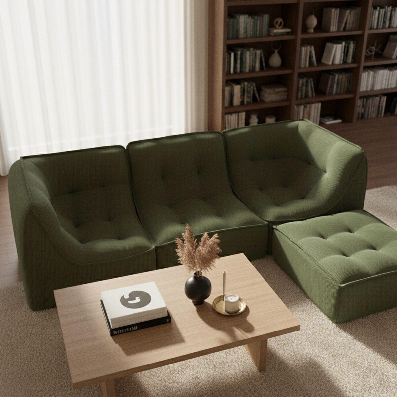 Modulares Sofa 3-Sitzer aus geripptem Stoff mit Hocker