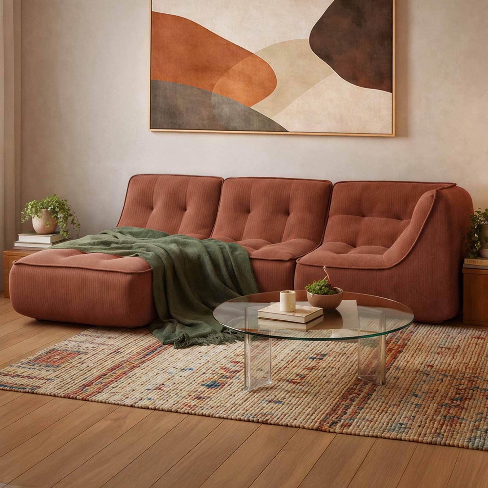 Modulares Sofa 3-Sitzer aus geripptem Stoff mit Chaiselongue