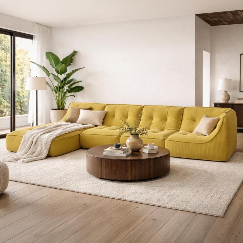 Modulares Sofa 4-Sitzer aus geripptem Stoff mit Chaiselongue