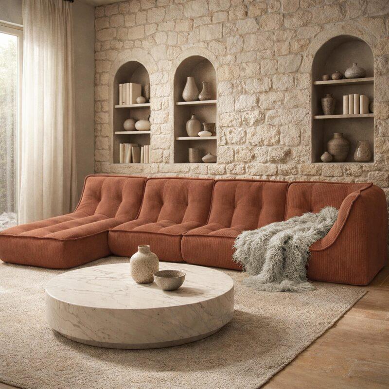 Modulares Sofa 4-Sitzer aus geripptem Stoff mit Chaiselongue