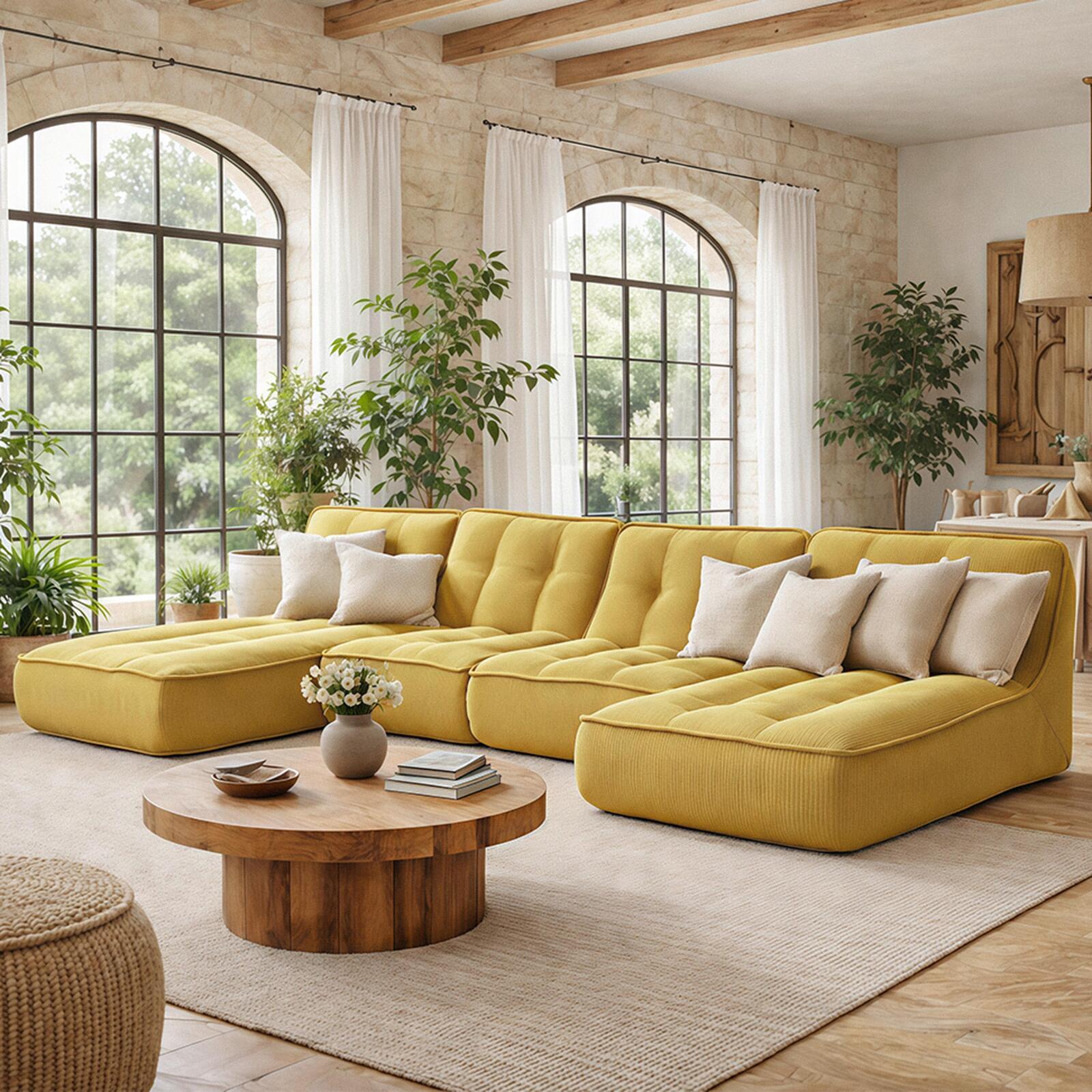 Modulares Sofa 4-Sitzer aus geripptem Stoff aus Chaiselongues