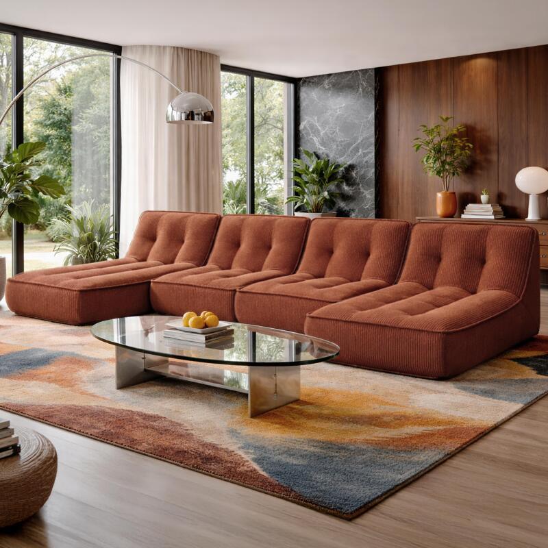 Modulares Sofa 4-Sitzer aus geripptem Stoff aus Chaiselongues