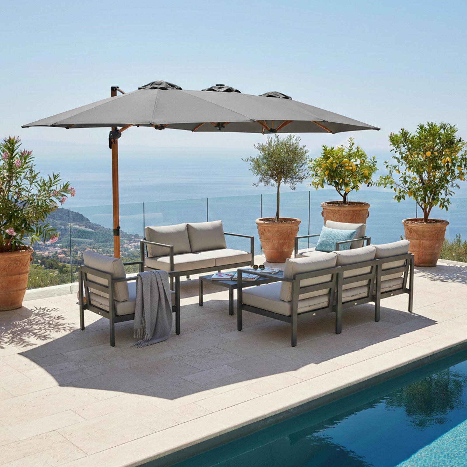 Ampelschirm 3-Kopf 4,5x2,65 m 360° drehbarer Mast in Holzoptik und Schutzhülle