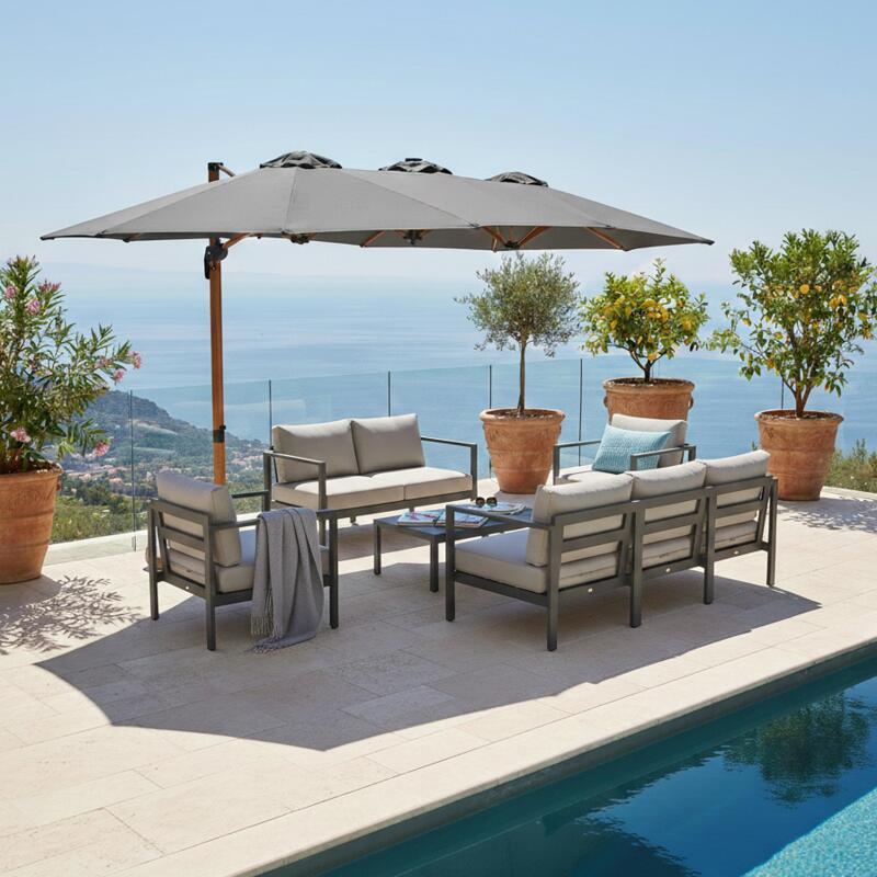 Ampelschirm 3-Kopf 4,5x2,65 m 360° drehbarer Mast in Holzoptik und Schutzhülle