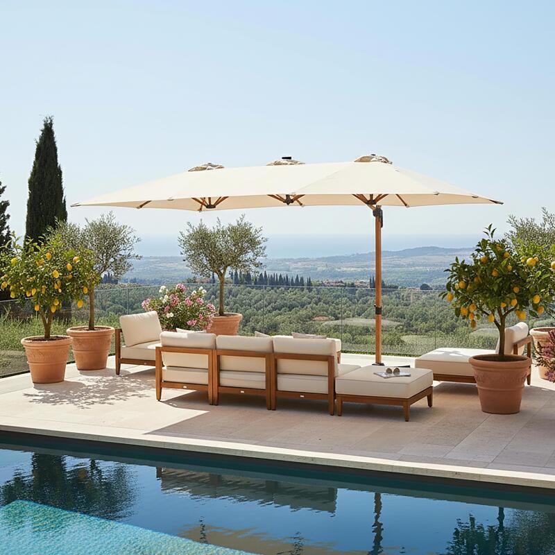 Ampelschirm 3-Kopf 4,5x2,65 m 360° drehbarer Mast in Holzoptik und Schutzhülle