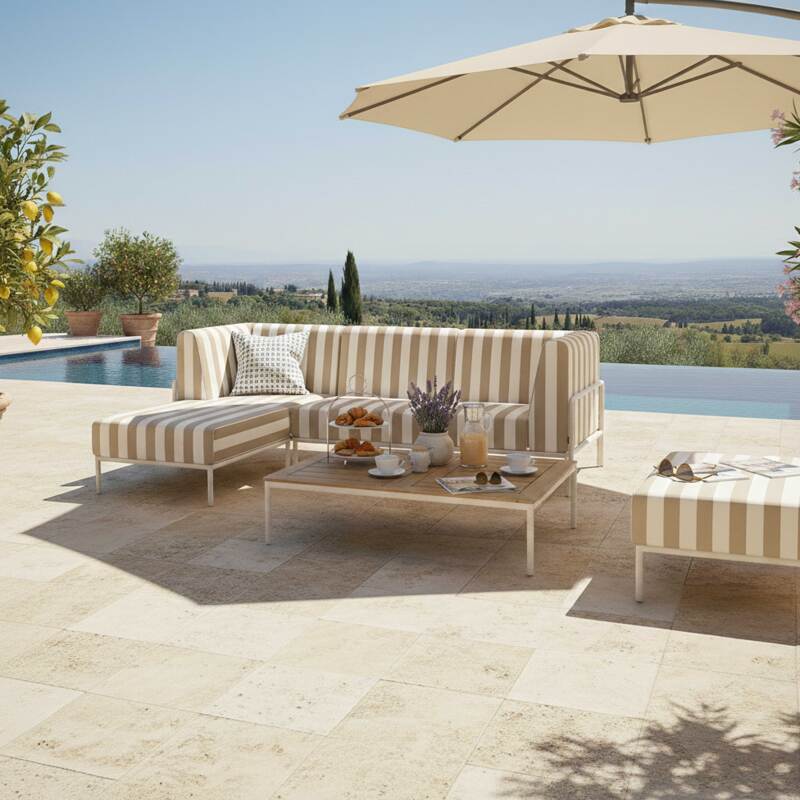 Modulare Gartenmöbel für 4 Personen bestehend aus 1 Sessel, 1 Ecksessel, 1 Chaiselongue und 1 Sitzsack im gestreiften Design (7/8)