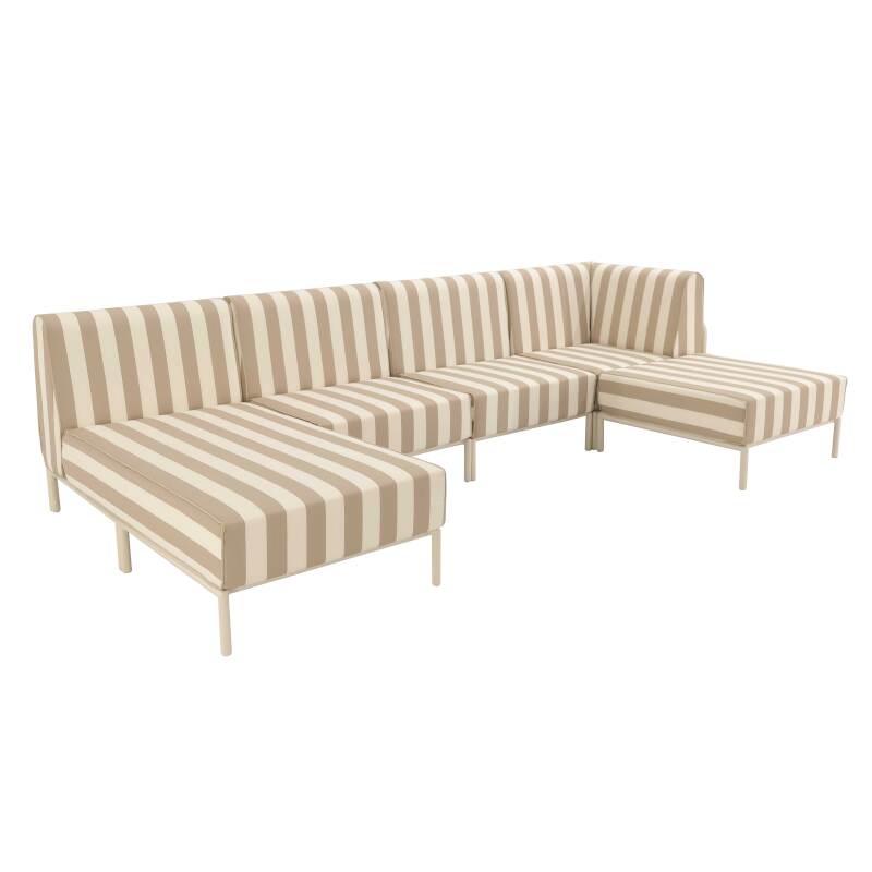 Modulare Gartenmöbel für 5 Personen bestehend aus 2 Sesseln, 1 Ecksessel, 1 Chaiselongue und 1 Sitzsack im gestreiften Design