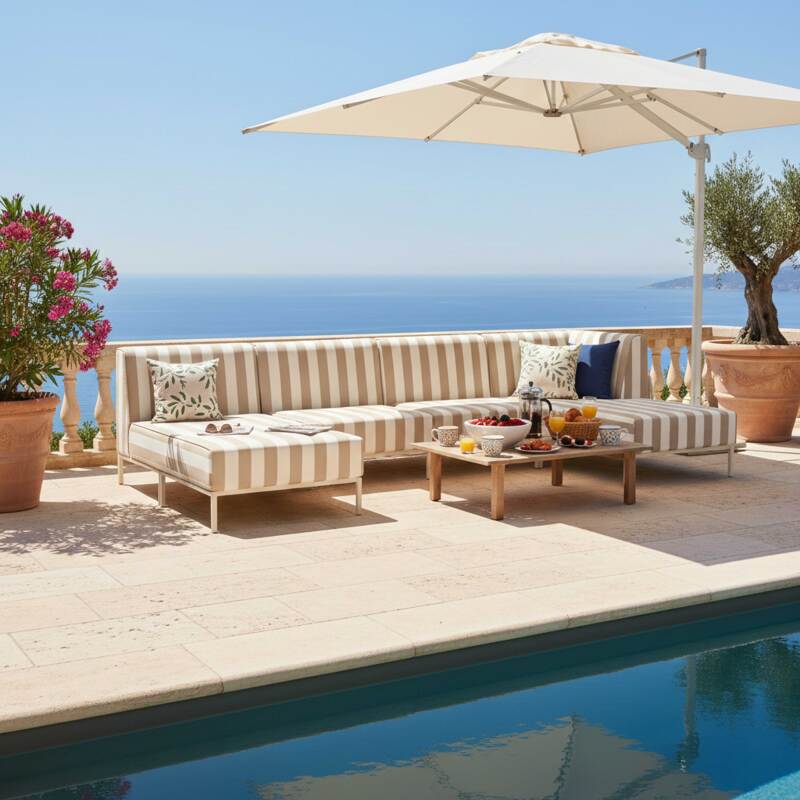 Modulare Gartenmöbel für 5 Personen bestehend aus 2 Sesseln, 1 Ecksessel, 1 Chaiselongue und 1 Sitzsack im gestreiften Design