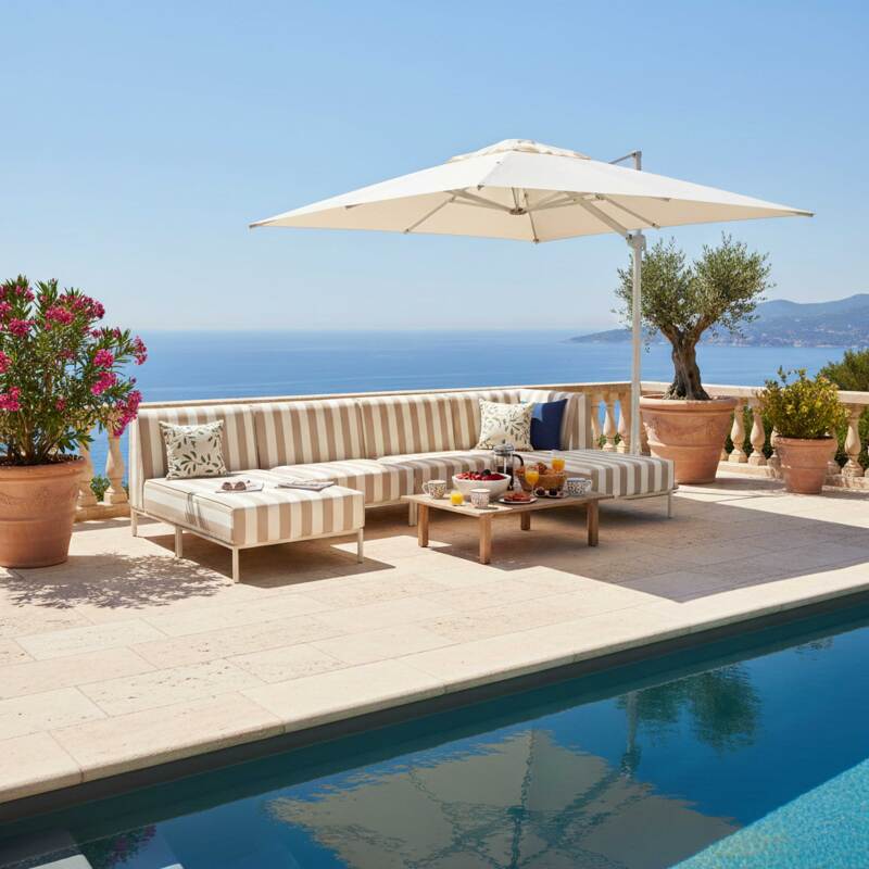 Modulare Gartenmöbel für 5 Personen bestehend aus 2 Sesseln, 1 Ecksessel, 1 Chaiselongue und 1 Sitzsack im gestreiften Design (6/7)