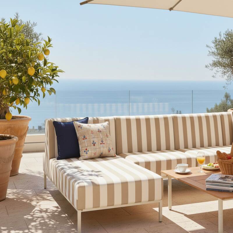 Modulare Gartenmöbel für 6 Personen bestehend aus 3 Sesseln, 1 Ecksessel, 1 Chaiselongue und 1 Sitzsack im gestreiften Design (2/7)