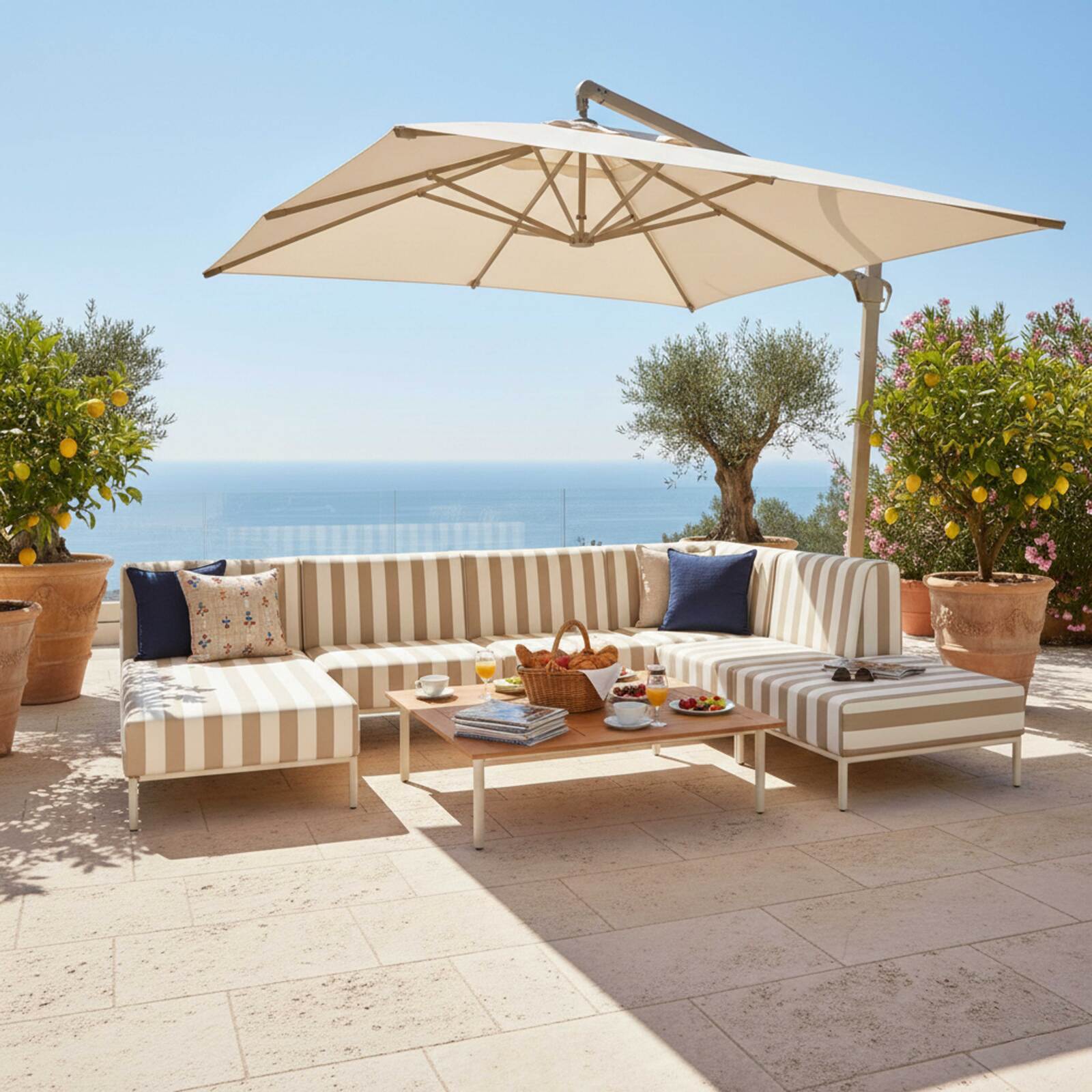 Modulare Gartenmöbel für 6 Personen bestehend aus 3 Sesseln, 1 Ecksessel, 1 Chaiselongue und 1 Sitzsack im gestreiften Design