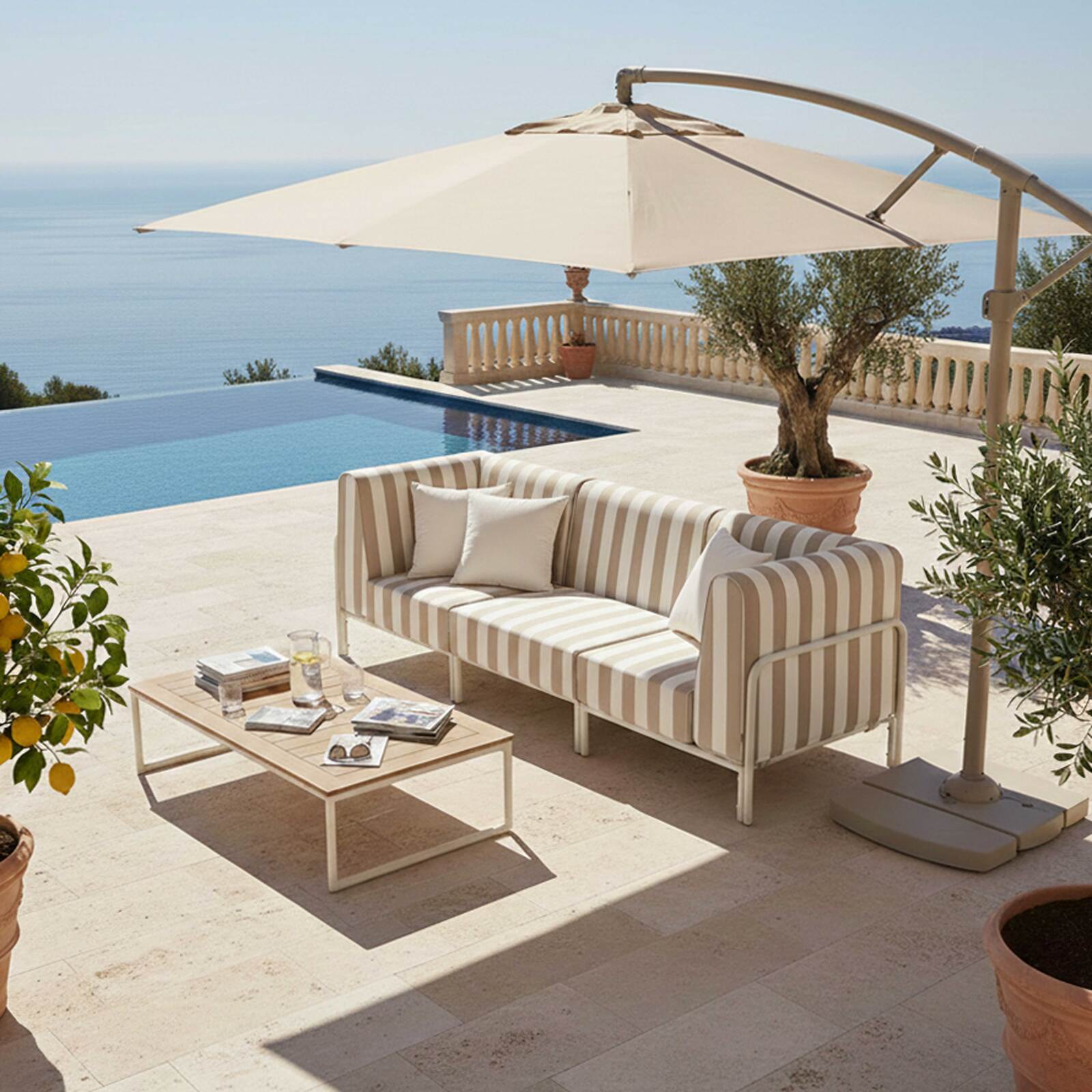 Modulare Gartenmöbel für 3 Personen bestehend aus 1 Sessel und 2 Ecksesseln im gestreiften Design