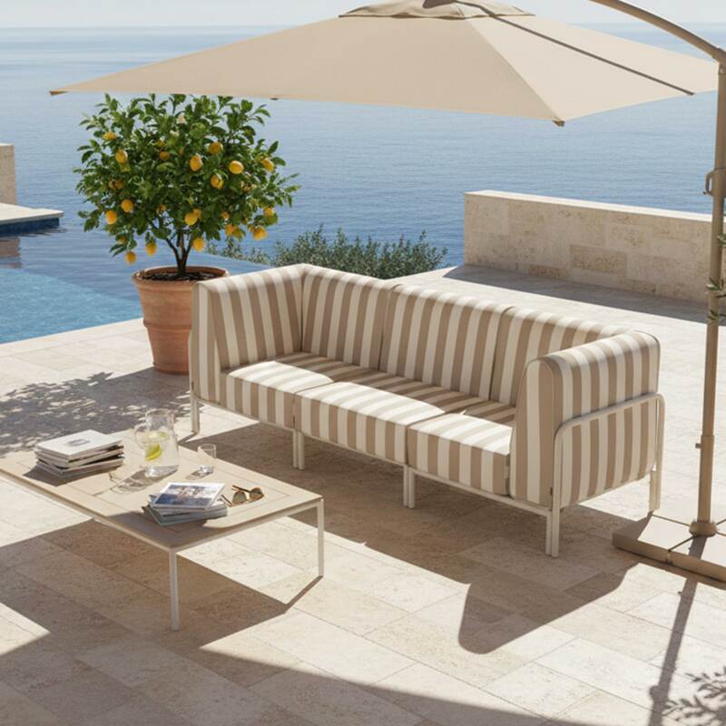 Modulare Gartenmöbel für 3 Personen bestehend aus 1 Sessel und 2 Ecksesseln im gestreiften Design (7/8)