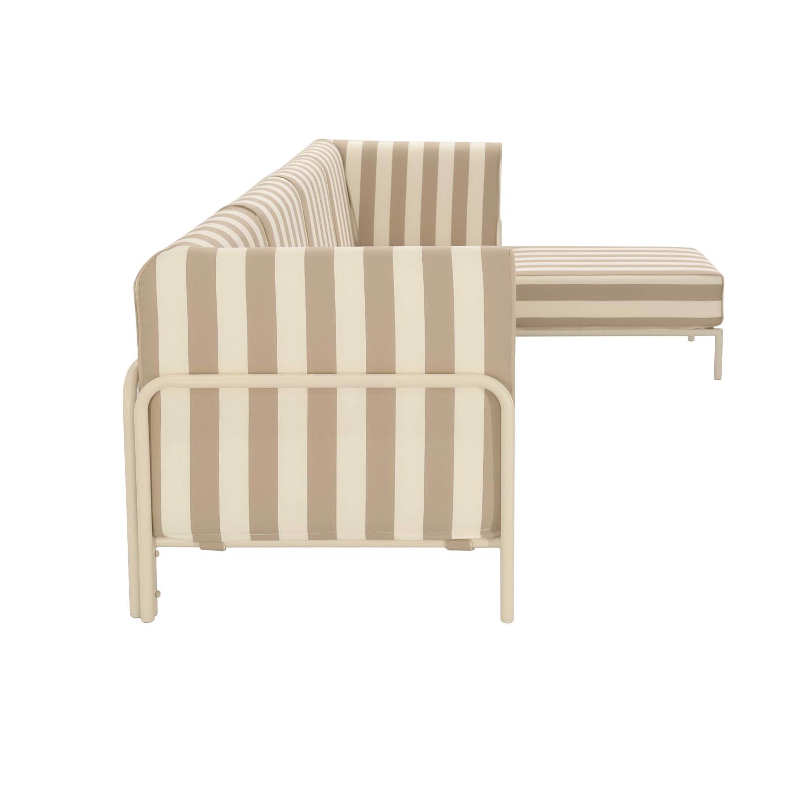 Modulare Gartenmöbel für 5 Personen bestehend aus 2 Sesseln, 2 Ecksesseln und 1 Sitzsack im gestreiften Design