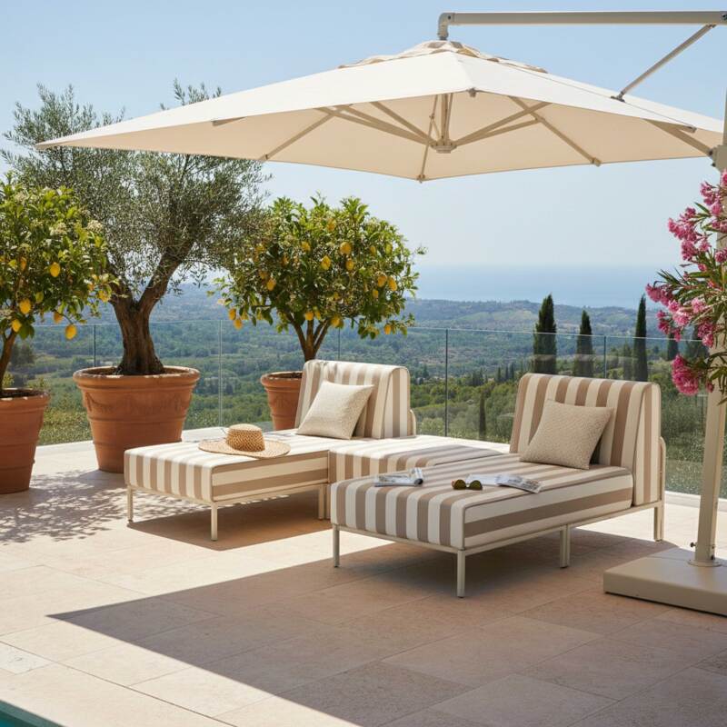 Modulare Gartenmöbel für 2 Personen bestehend aus 2 Chaiselongues und 1 Sitzsack im gestreiften Design