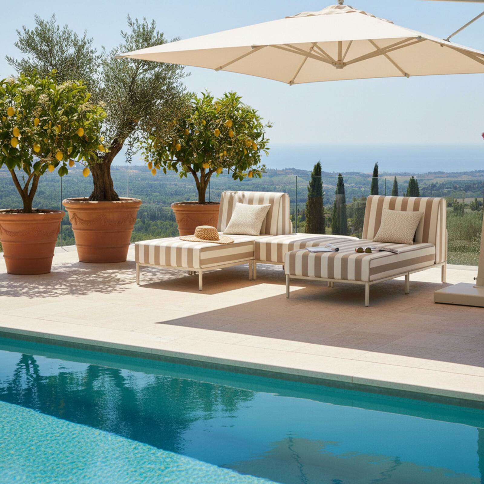 Modulare Gartenmöbel für 2 Personen bestehend aus 2 Chaiselongues und 1 Sitzsack im gestreiften Design