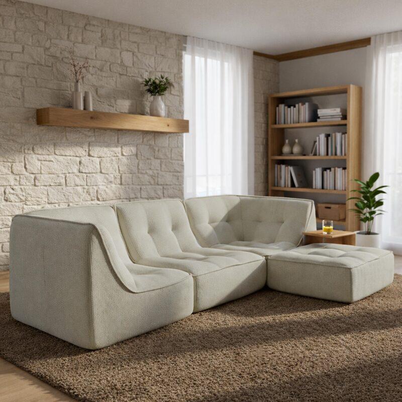 Modulares Sofa 3-Sitzer aus geripptem Stoff mit Hocker