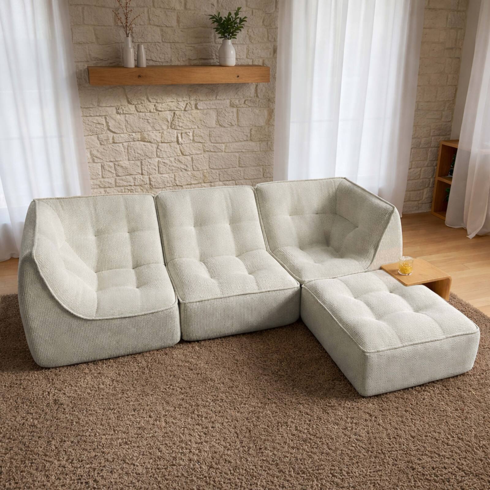 Modulares Sofa 3-Sitzer aus geripptem Stoff mit Hocker