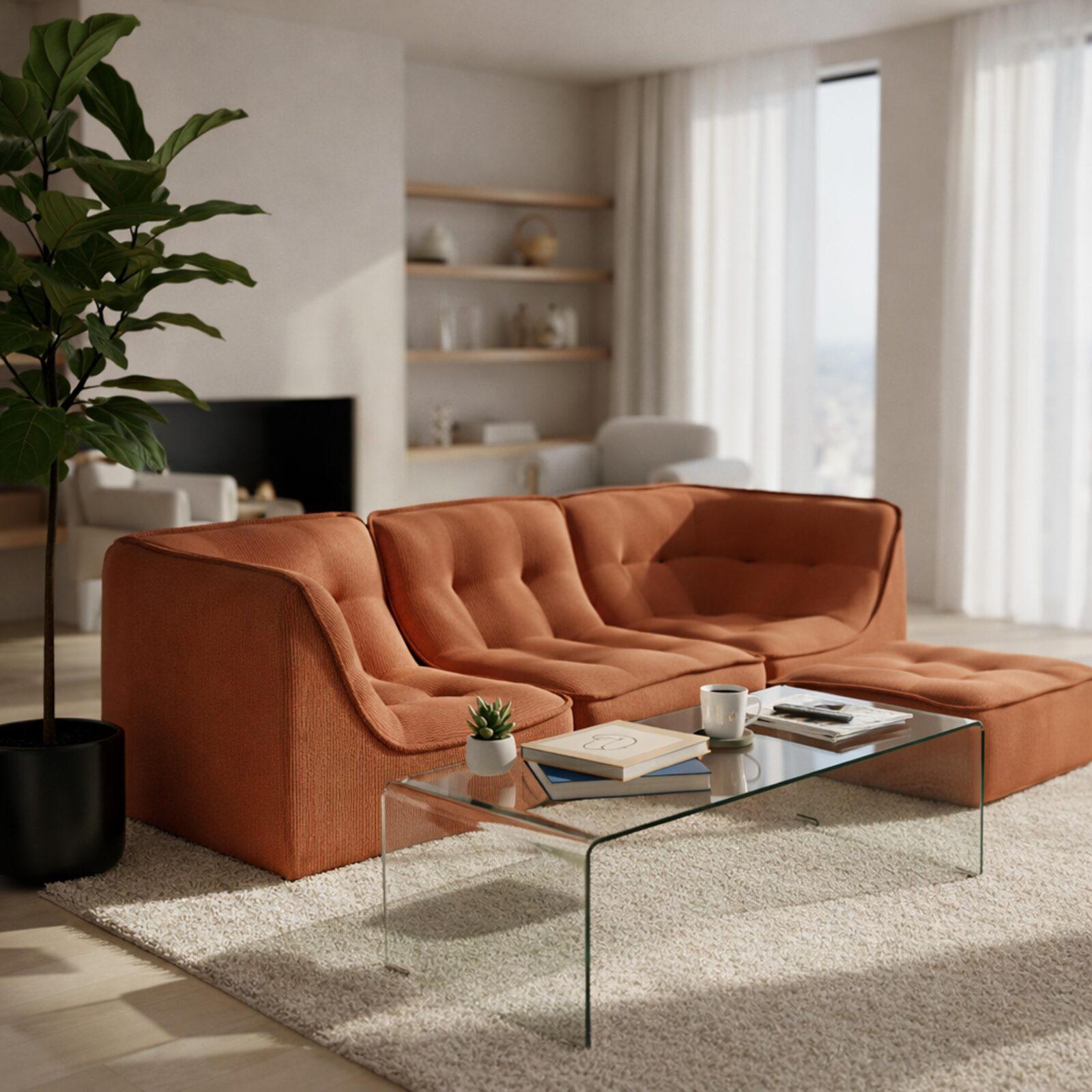 Modulares Sofa 3-Sitzer aus geripptem Stoff mit Hocker