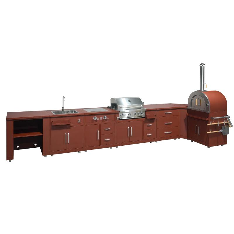 Outdoor-Küche aus Metall in Eckform mit Outdoor-Spüle, Pizzaofen, Gasherd, Grill und Stauraum – 7 Module