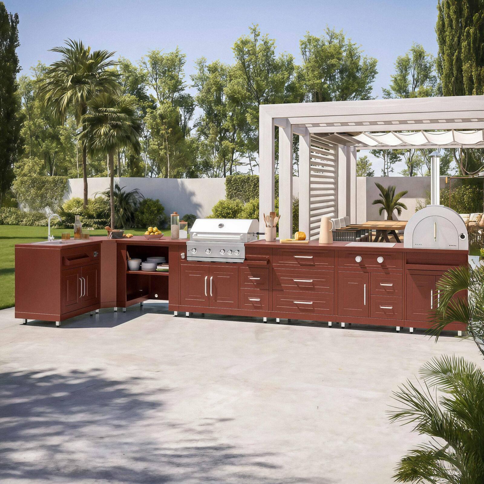 Outdoor-Küche aus Metall in Eckform mit Outdoor-Spüle, Pizzaofen, Gasherd, Grill und Stauraum – 7 Module