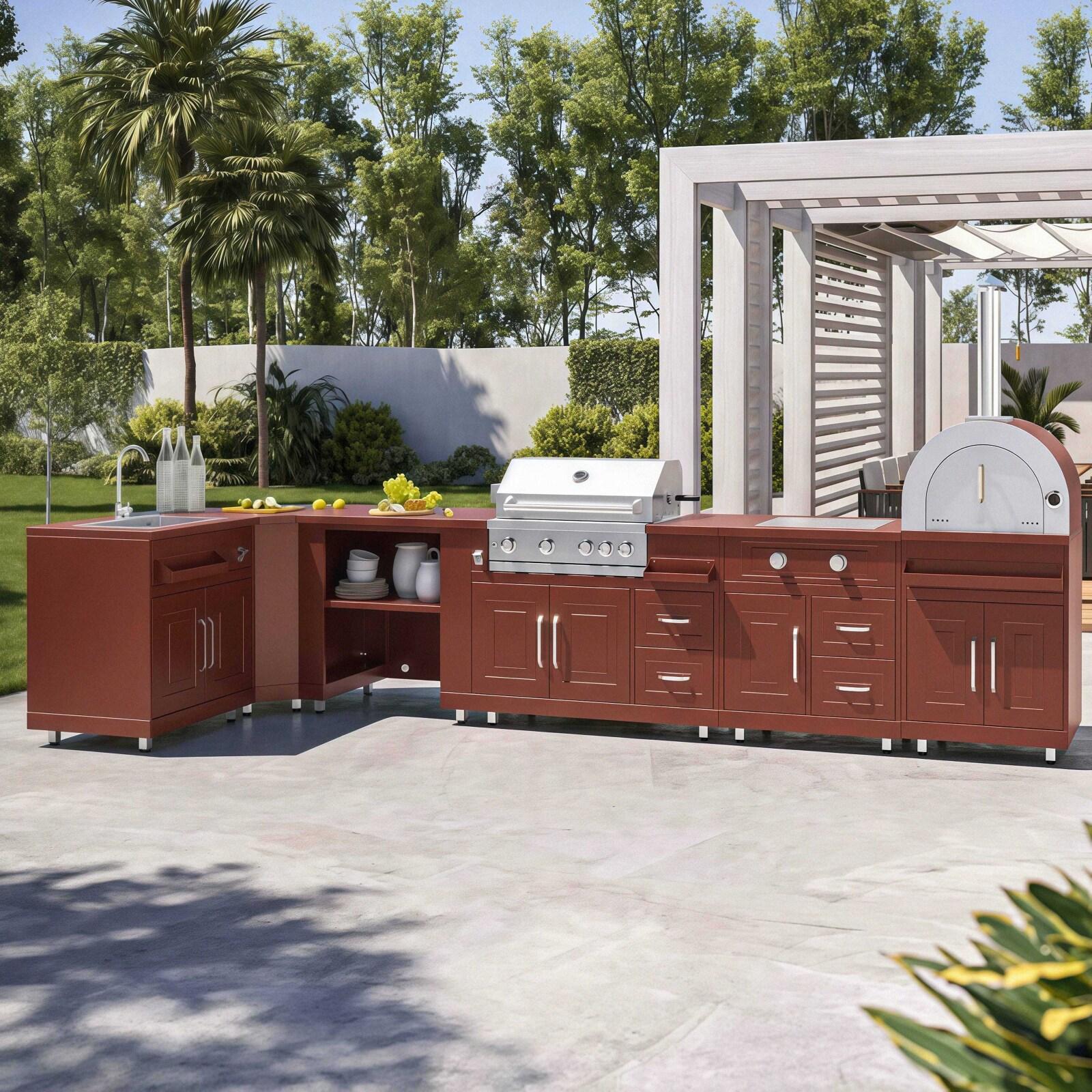 Outdoor-Küche aus Metall in Eckform mit Pizzaofen, Gasherd, Grill und Stauraum – 6 Module