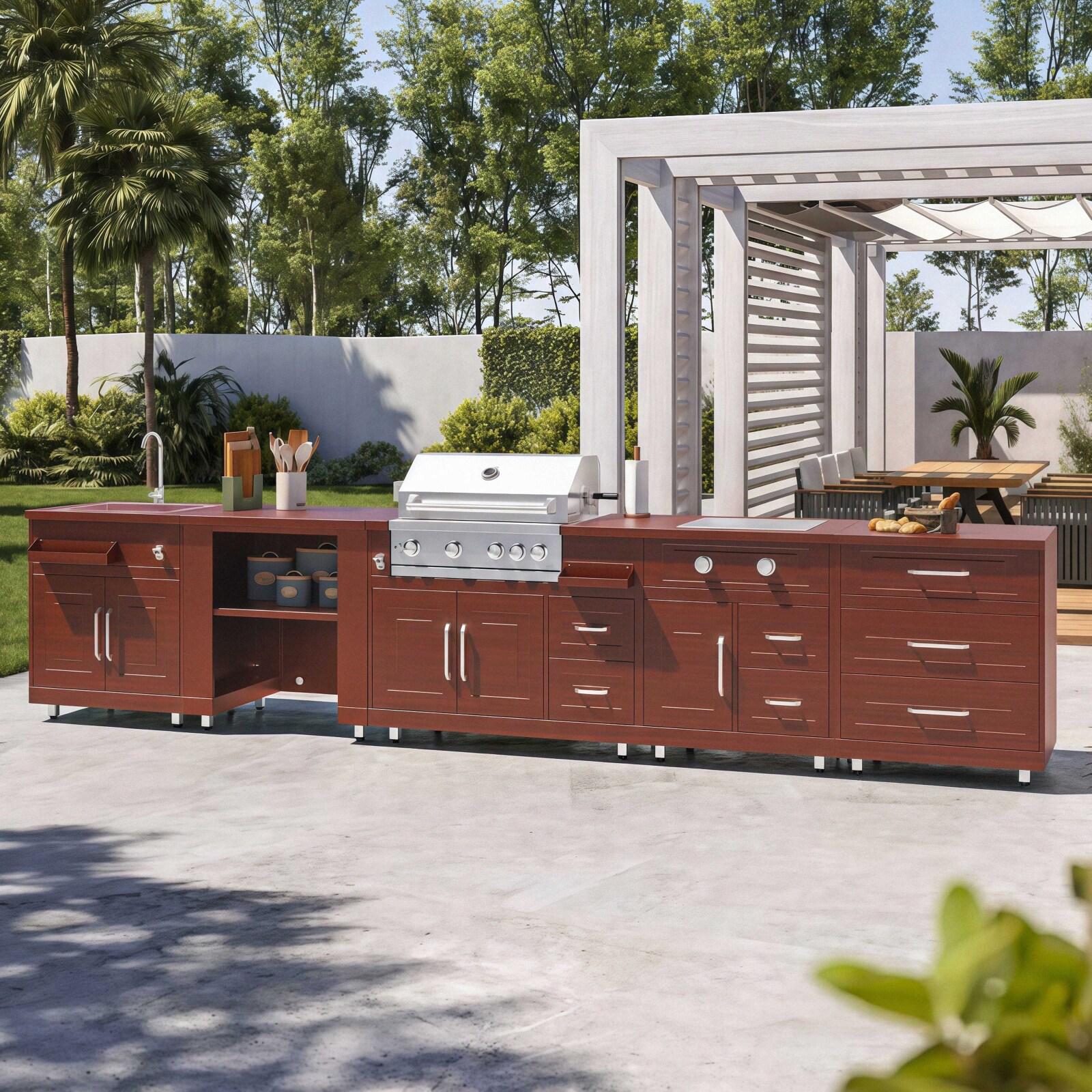 Outdoor-Küche aus Metall mit Outdoor-Spüle, Gasherd, Grill und Stauraum – 5 Module