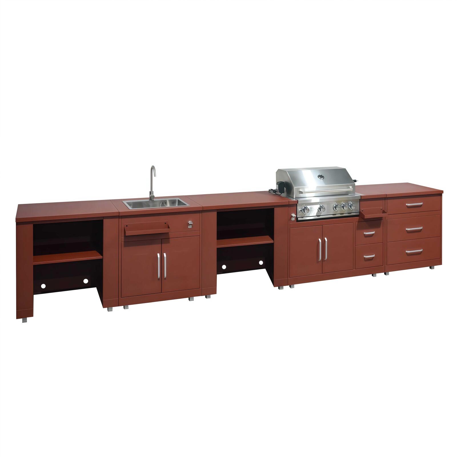 Outdoor-Küche aus Metall mit Outdoor-Spüle, Grill und Stauraum – 5 Module