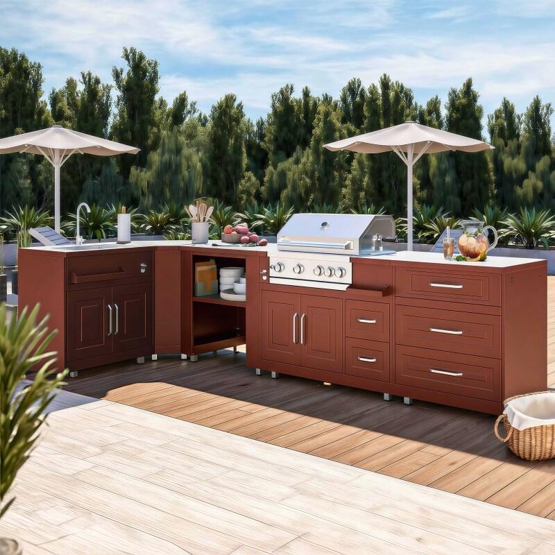 Outdoor-Küche aus Metall in Eckform mit Outdoor-Spüle, Grill und Stauraum – 5 Module