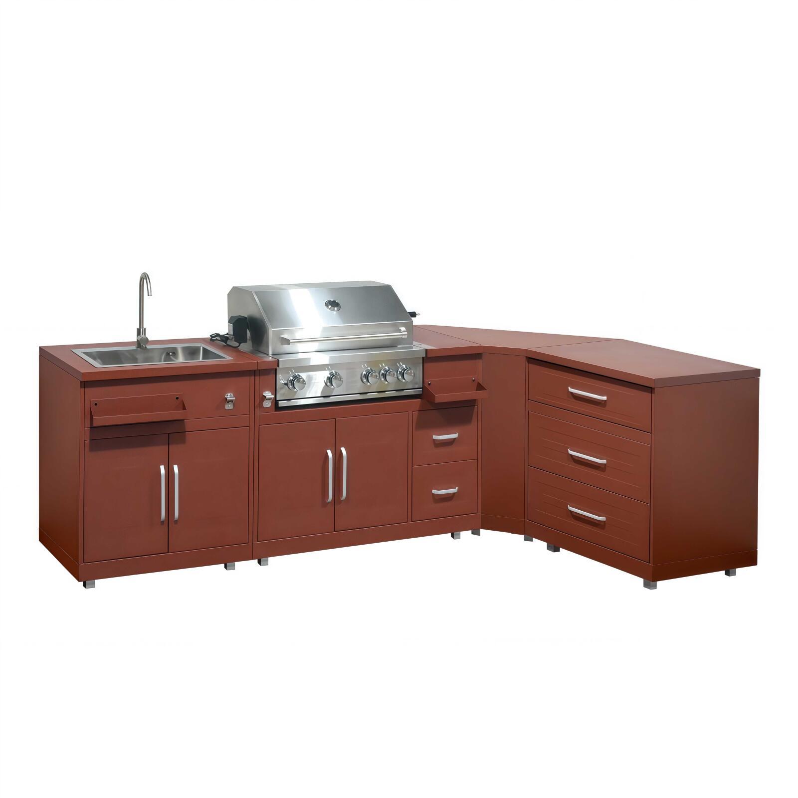 Outdoor-Küche aus Metall in Eckform mit Outdoor-Spüle, Grill und Stauraum – 4 Module