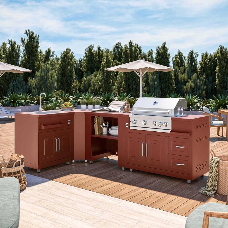 Outdoor-Küche aus Metall in Eckform mit Outdoor-Spüle, Grill und Stauraum – 4 Module - Lifestyle