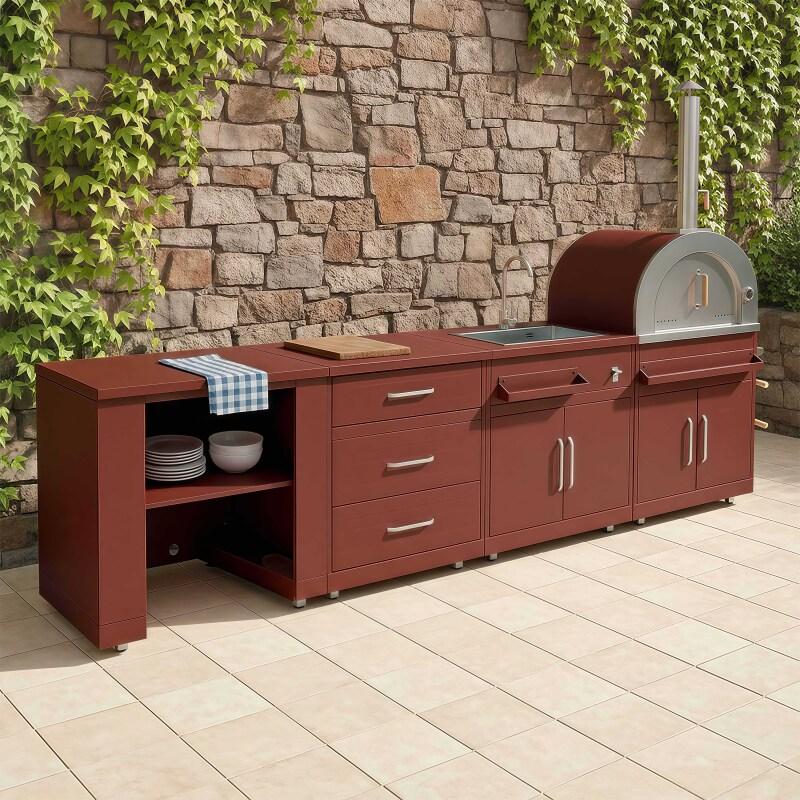 Outdoor-Küche aus Metall mit Outdoor-Spüle, Pizzaofen und Stauraum – 4 Module - Lifestyle