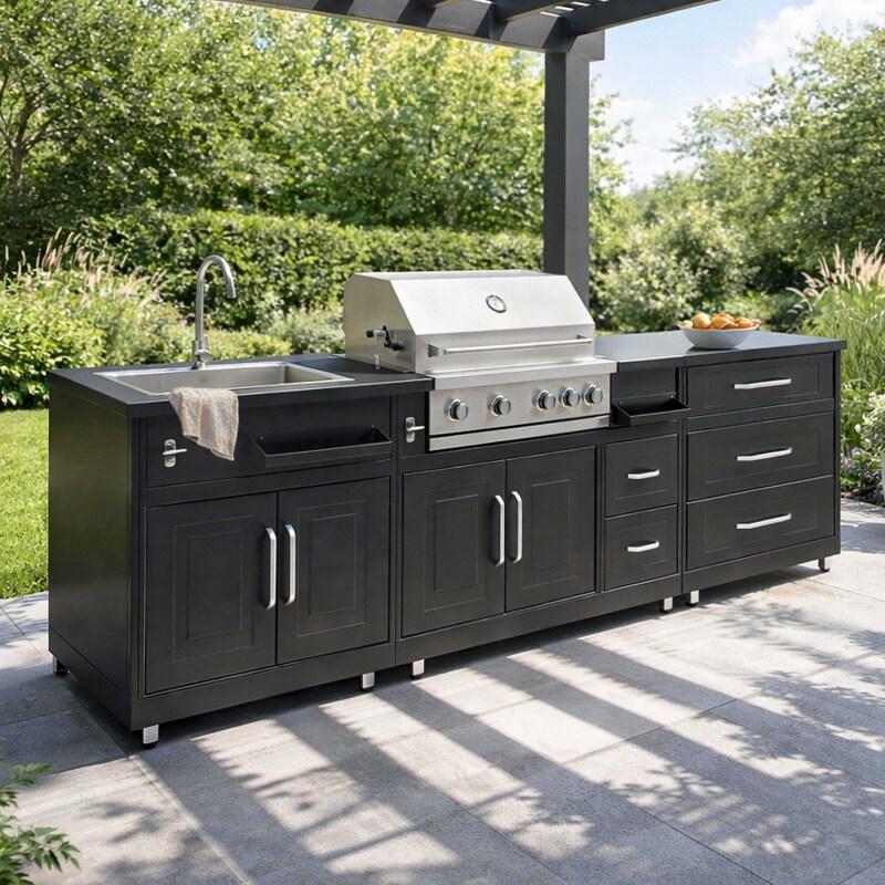 Outdoor-Küche aus Metall mit Outdoor-Spüle, Grill und Stauraum – 3 Module - Lifestyle
